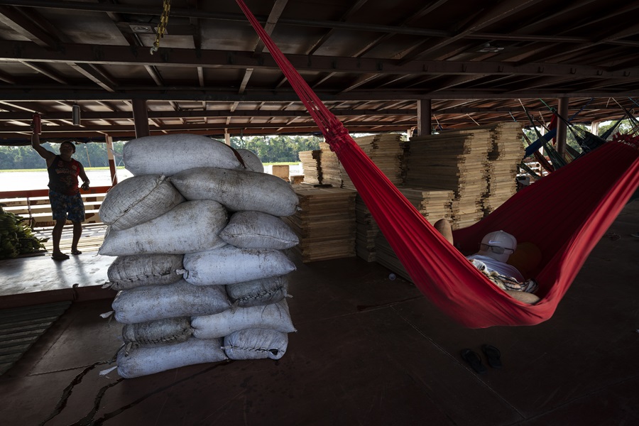 Sacas de açaí são levadas de rio até Manaus para serem comercializadas (Foto: Fernando Martinho/Repórter Brasil)